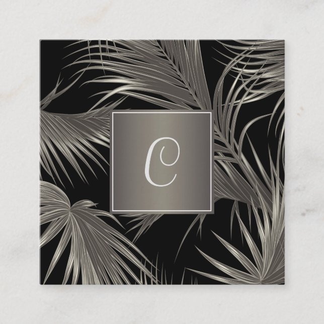 Elegant Platinum Palm Pattern with Monogram Square Business Card (Front)