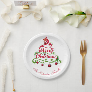 Elegant & Playful Swirly Christmas Tree Typography Paper Plate