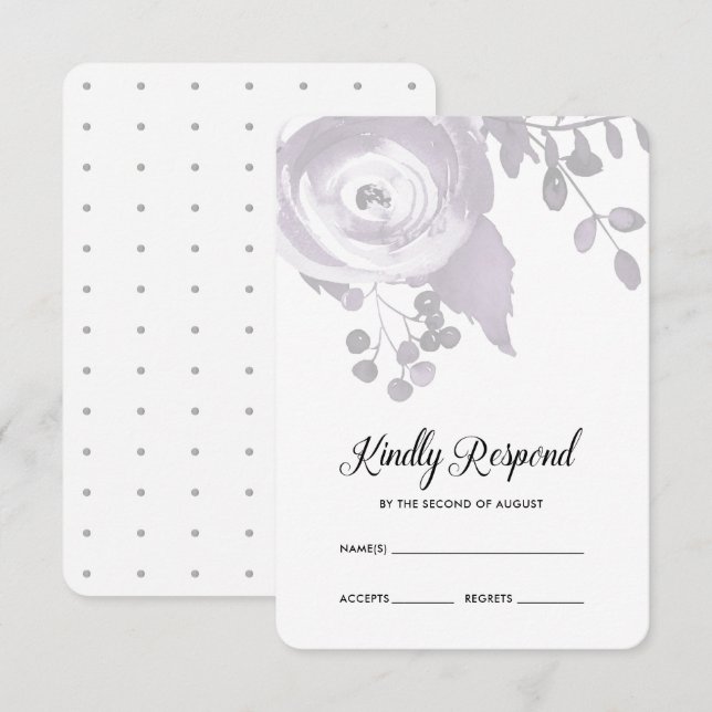 Elegant Plum and Grey Floral Dots Wedding RSVP (Front/Back)