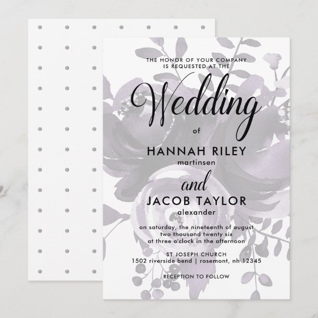 Elegant Plum and Grey with Floral and Dots Wedding Invitation (Front/Back)