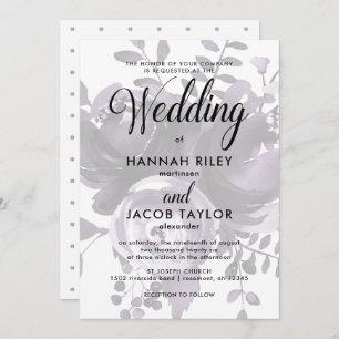 Elegant Plum and Grey with Floral and Dots Wedding Invitation