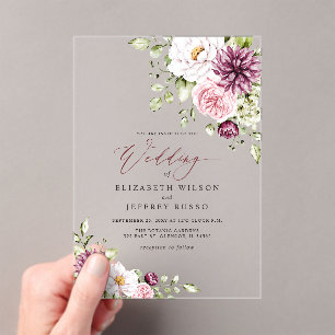 Elegant Plum Floral Fall Winter Wedding Acrylic Invitations