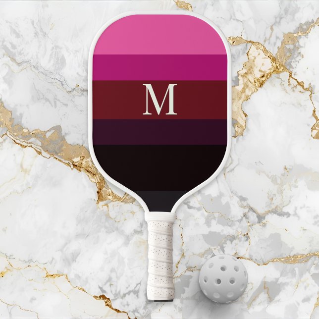 Elegant Plum Fuchsia Colour Block Monogrammed Pickleball Paddle (A monogrammed pickleball paddle with sleek color block design in plum, burgundy and fuchsia pink)