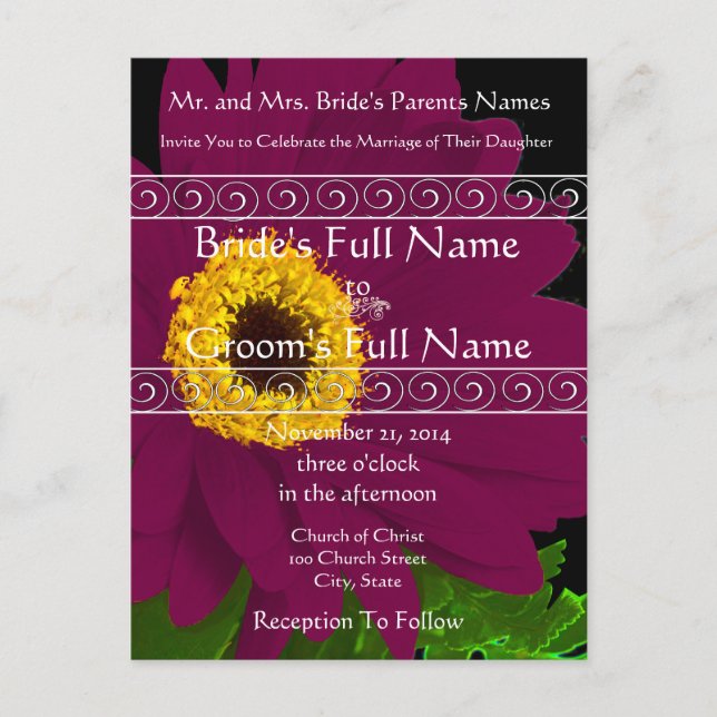 Elegant Plum Gerber Daisy Wedding Invitation Postcard (Front)