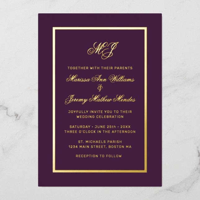 Elegant Plum Gold Calligraphy Script Wedding (Front)