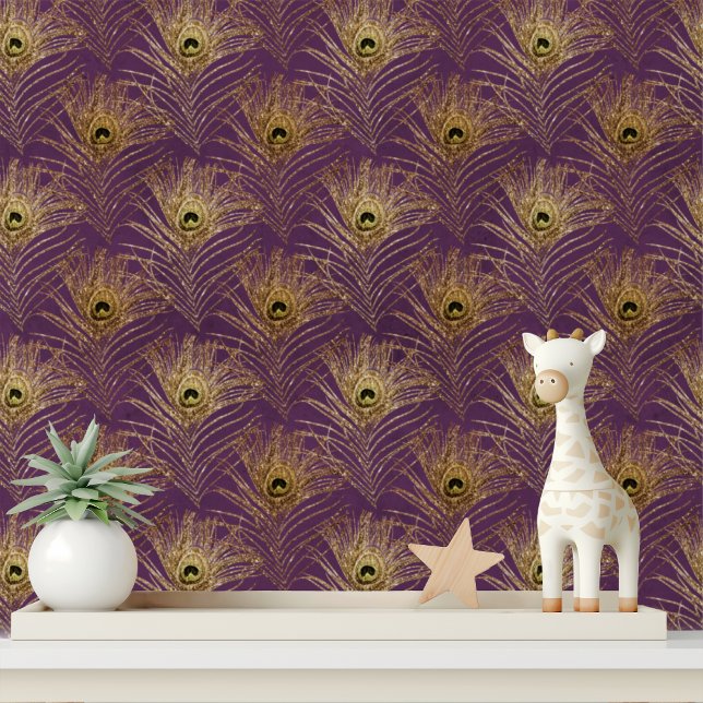Elegant Plum Gold Glitter Peacock Feathers Chic Wallpaper (Creator Uploaded)