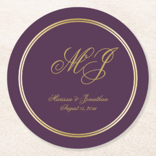 Elegant Plum Gold Monogram Script Wedding Round Paper Coaster