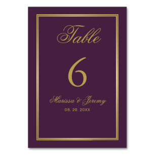 Elegant Plum Gold Script Calligraphy Wedding Table Number