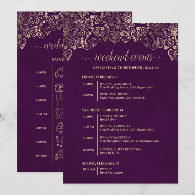Elegant Plum & Gold Wedding Events & Timeline Program (Front/Back)