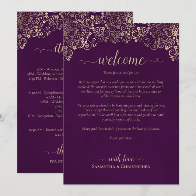 Elegant Plum & Gold Wedding Welcome & Itinerary Program (Front/Back)