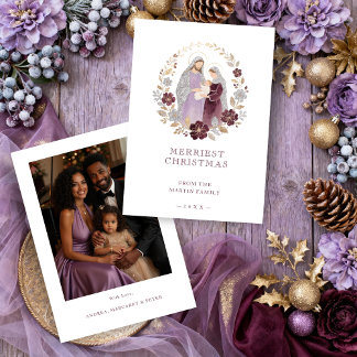 Elegant Plum Holy Nativity Family Christmas Photo Holiday Card