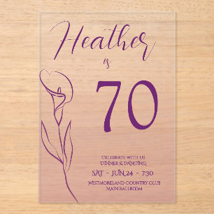 Elegant Plum Lily Floral 70th Birthday  Acrylic Invitations