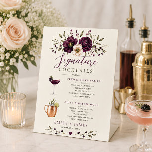 Elegant Plum Olive Botanical Wedding Cocktail Pedestal Sign