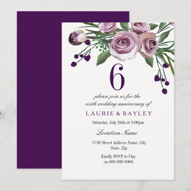 Elegant Plum Purple 6th Wedding Anniversary Invite (Front/Back)