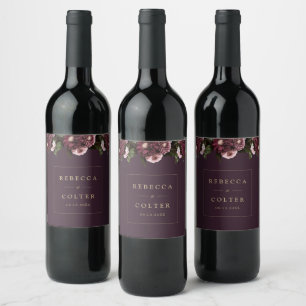 Elegant Plum Purple Burgundy Floral Wedding Wine Label