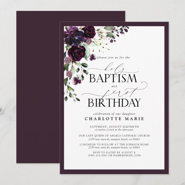 Elegant Plum Purple Floral Baptism 1st Birthday Invitation (Front/Back)