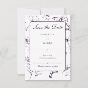 Elegant Plum Purple Floral Line Art Wedding Save The Date