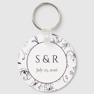Elegant Plum Purple Floral Monogram Wedding Favour Keychain
