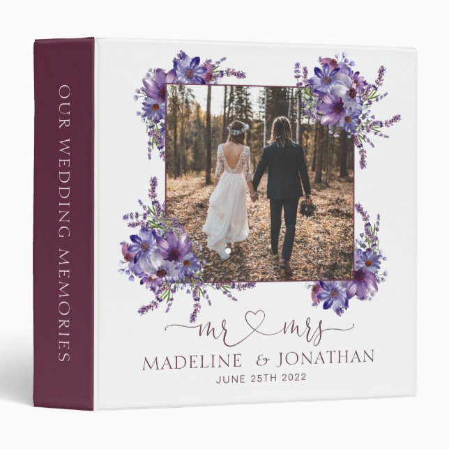 Elegant Plum Purple Floral Photo Wedding 3 Ring Bi Binder (Front/Spine)