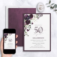 Elegant Plum Purple Floral Script 50th Birthday