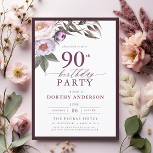 Elegant Plum Purple Floral Script 90th Birthday Invitation