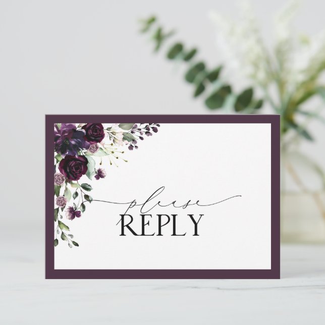 Elegant Plum Purple Floral Watercolor RSVP (Standing Front)