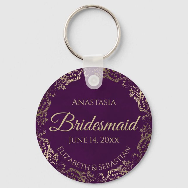 Elegant Plum Purple & Gold Bridesmaid Wedding Gift Keychain (Front)