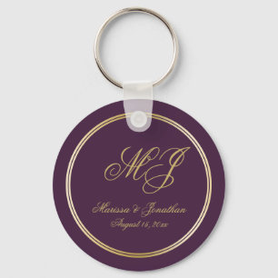 Elegant Plum Purple Gold Monogram Script Wedding Keychain