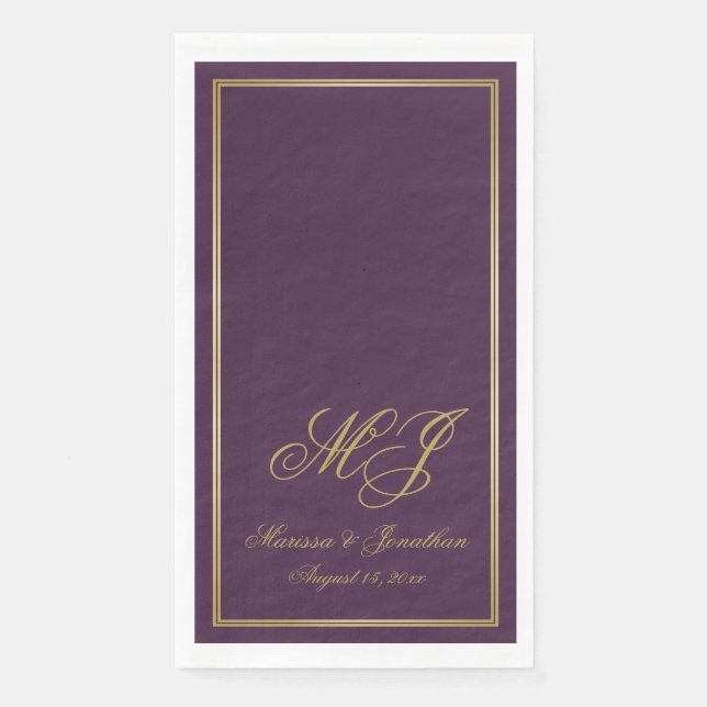 Elegant Plum Purple Gold Monogram Script Wedding Napkin (Front)