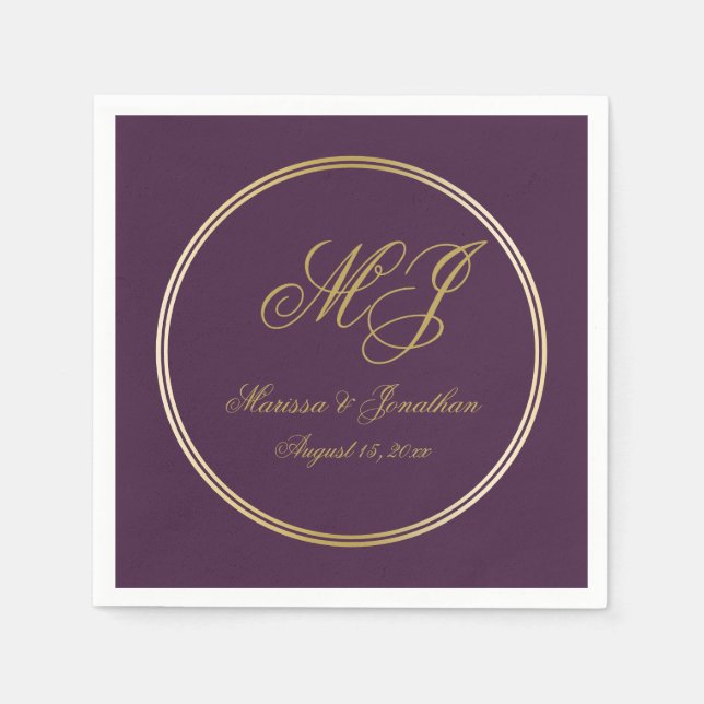 Elegant Plum Purple Gold Monogram Script Wedding Napkin (Front)