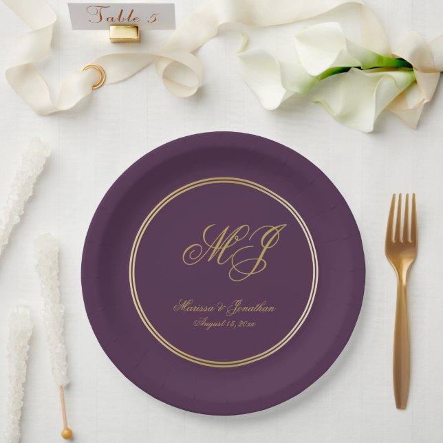 Elegant Plum Purple Gold Monogram Script Wedding Paper Plate (Wedding)