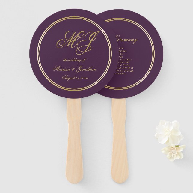 Elegant Plum Purple Gold Monogram Wedding Program Hand Fan (Front and Back)