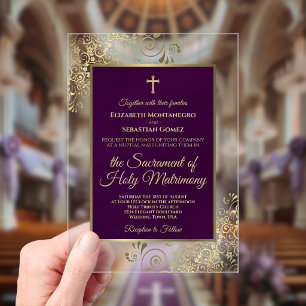 Elegant Plum Purple & Gold Ornate Catholic Wedding Acrylic Invitations
