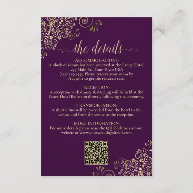 Elegant Plum Purple & Gold Wedding QR Code Details Enclosure Card (Front)