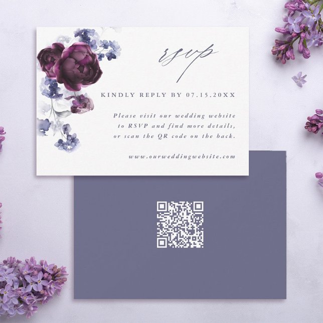 Elegant Plum Purple & Indigo Blue Floral QR Code  RSVP Card (Front & Back)