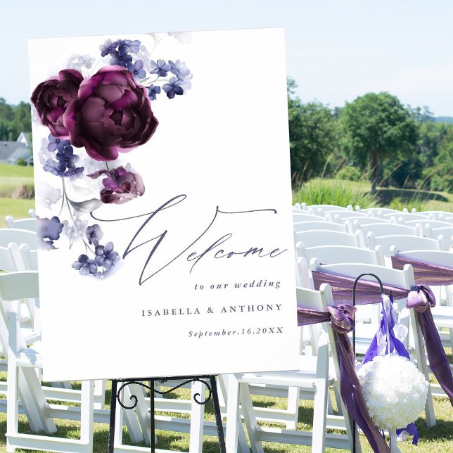 Elegant Plum Purple & Indigo Blue Floral Wedding Poster (Creator Uploaded)