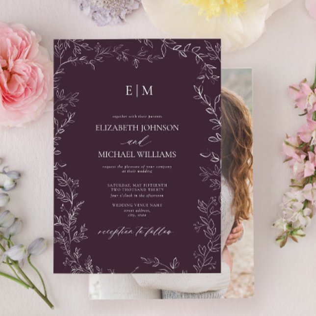 Elegant Plum Purple Leaf Photo Monogram Wedding Invitation (Creator Uploaded)
