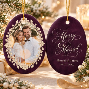 Elegant Plum Purple Merry & Married Wedding Photo Ceramic Ornament