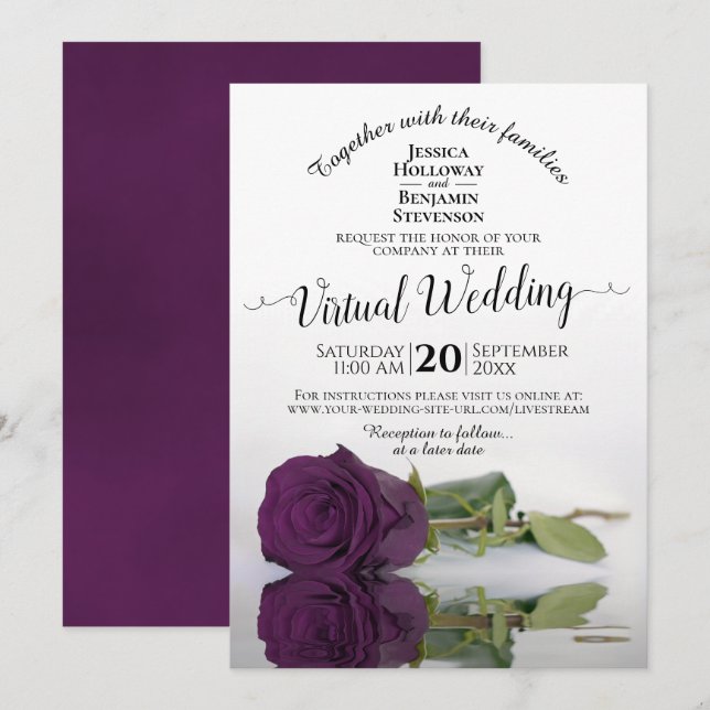 Elegant Plum Purple Romantic Rose Virtual Wedding Invitation (Front/Back)