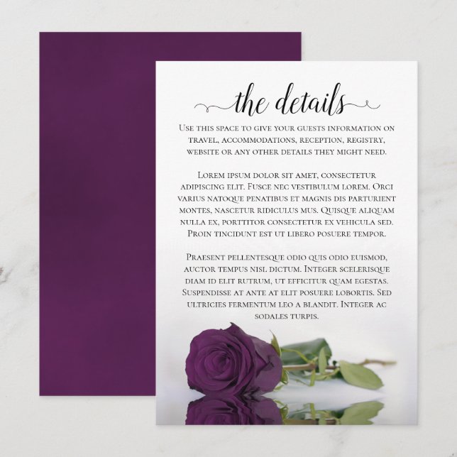 Elegant Plum Purple Romantic Rose Wedding Details Enclosure Card (Front/Back)