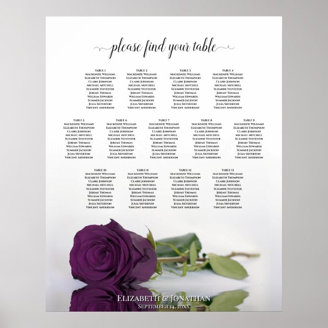 Elegant Plum Purple Rose 13 Table Seating Chart (Front)