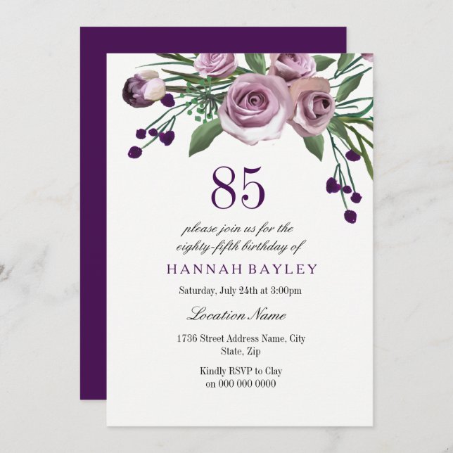 Elegant Plum Purple Rose 85th Birthday Invitation (Front/Back)