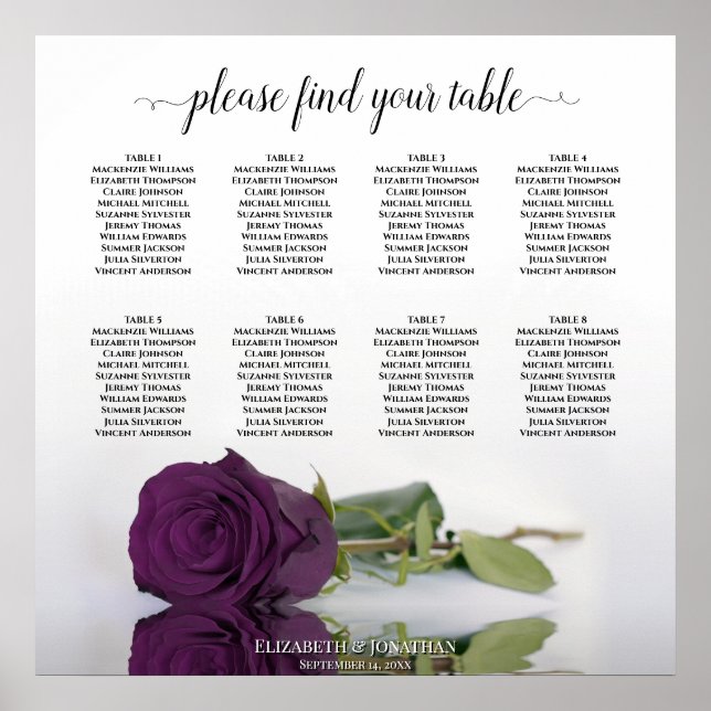 Elegant Plum Purple Rose 8 Table Seating Chart (Front)