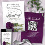Elegant Plum Purple Rose Fancy QR Code Wedding Invitation<br><div class="desc">This beautiful wedding invitation features a gorgeous photograph of a single long stemmed plum purple or eggplant coloured rose lying on its side reflecting in a pool of water with waves and ripples. The design features a fancy calligraphy script with a long curly tail making it both modern and classic....</div>