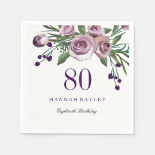 Elegant Plum Purple Rose Floral 80th Birthday Napkin