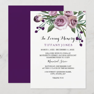 Elegant Plum Purple Rose Funeral Memorial Service Invitation