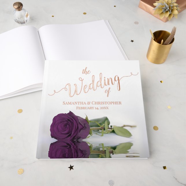 Elegant Plum Purple Rose Large Wedding Foil Guest Book (Front Open)