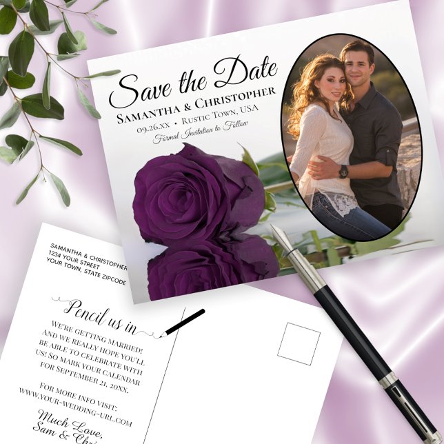 Elegant Plum Purple Rose Oval Photo Save The Date Announcement Postcard (Creator Uploaded)