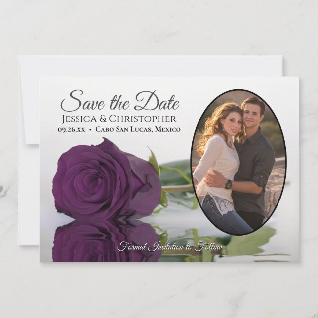 Elegant Plum Purple Rose with Oval Photo Wedding Save The Date (Front)