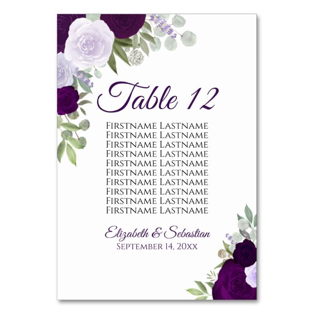 Elegant Plum Purple Roses Wedding Seating Chart Table Number (Front)